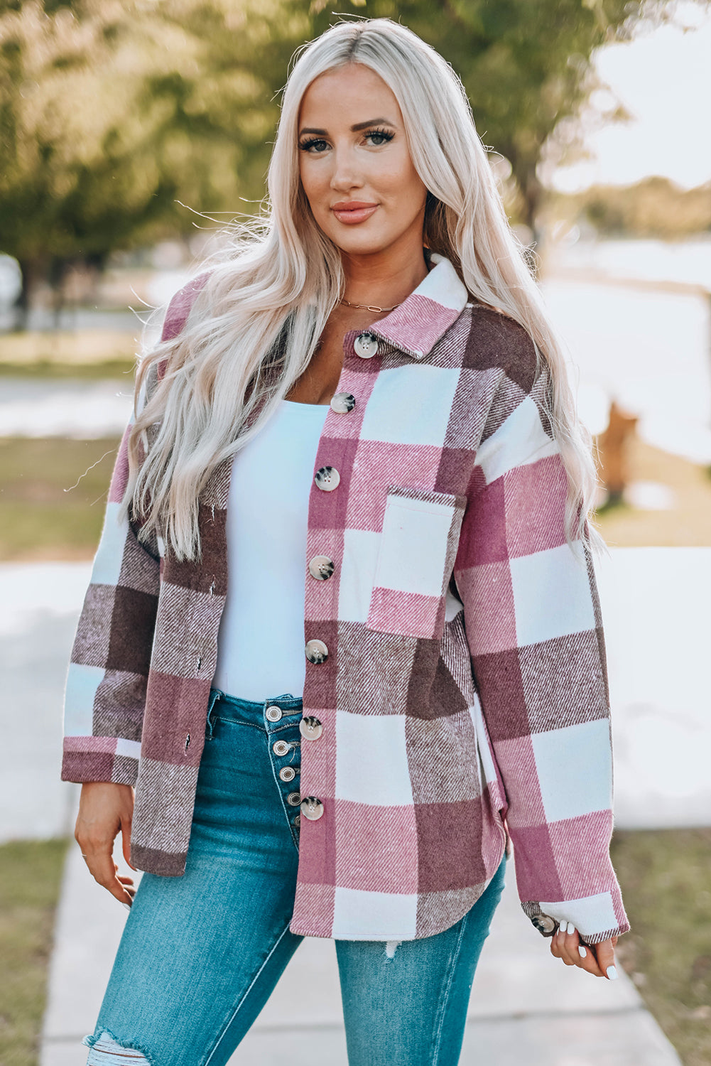 Plaid Color Block Buttoned Long Sleeve Jacket with Pocket