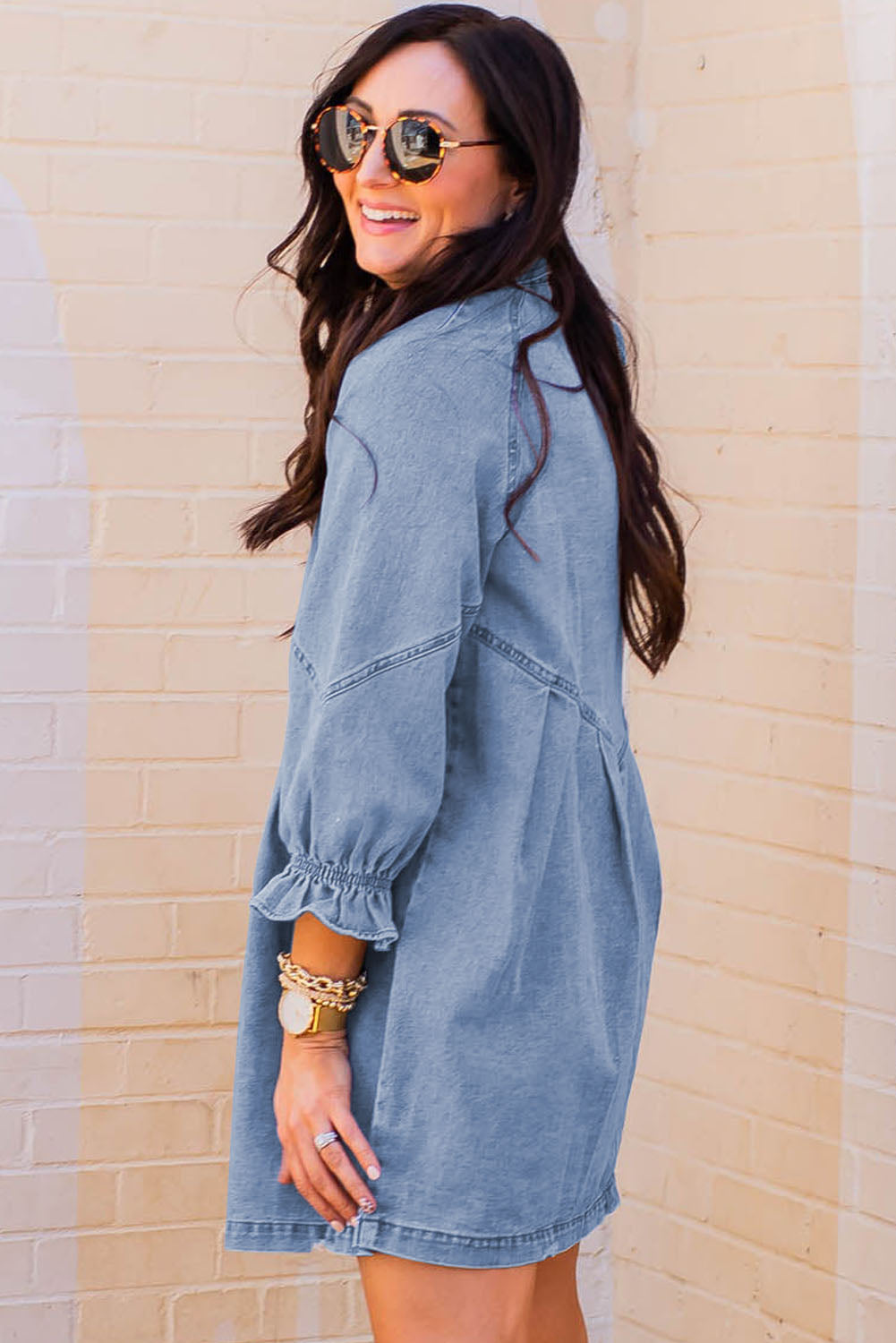 Sky Blue Buttoned Long Sleeve Denim Mini Dress