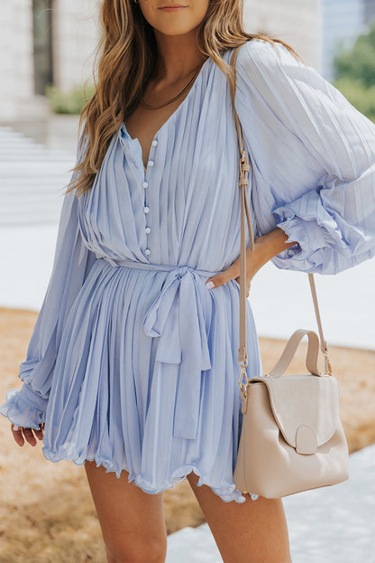 Pink Pleated Ruffled Tie Waist Buttons V Neck Romper