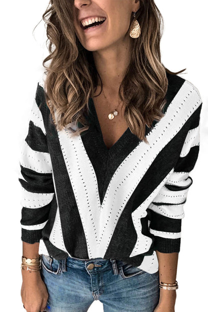 Gray Striped Colorblock V Neck Knitted Sweater