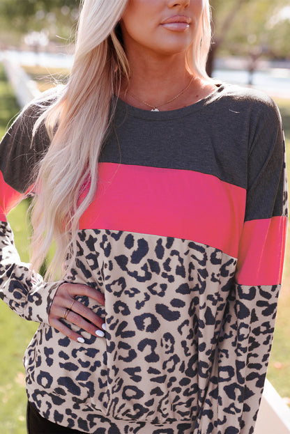 Leopard Color Block Leopard Patchwork Puff Sleeve Top