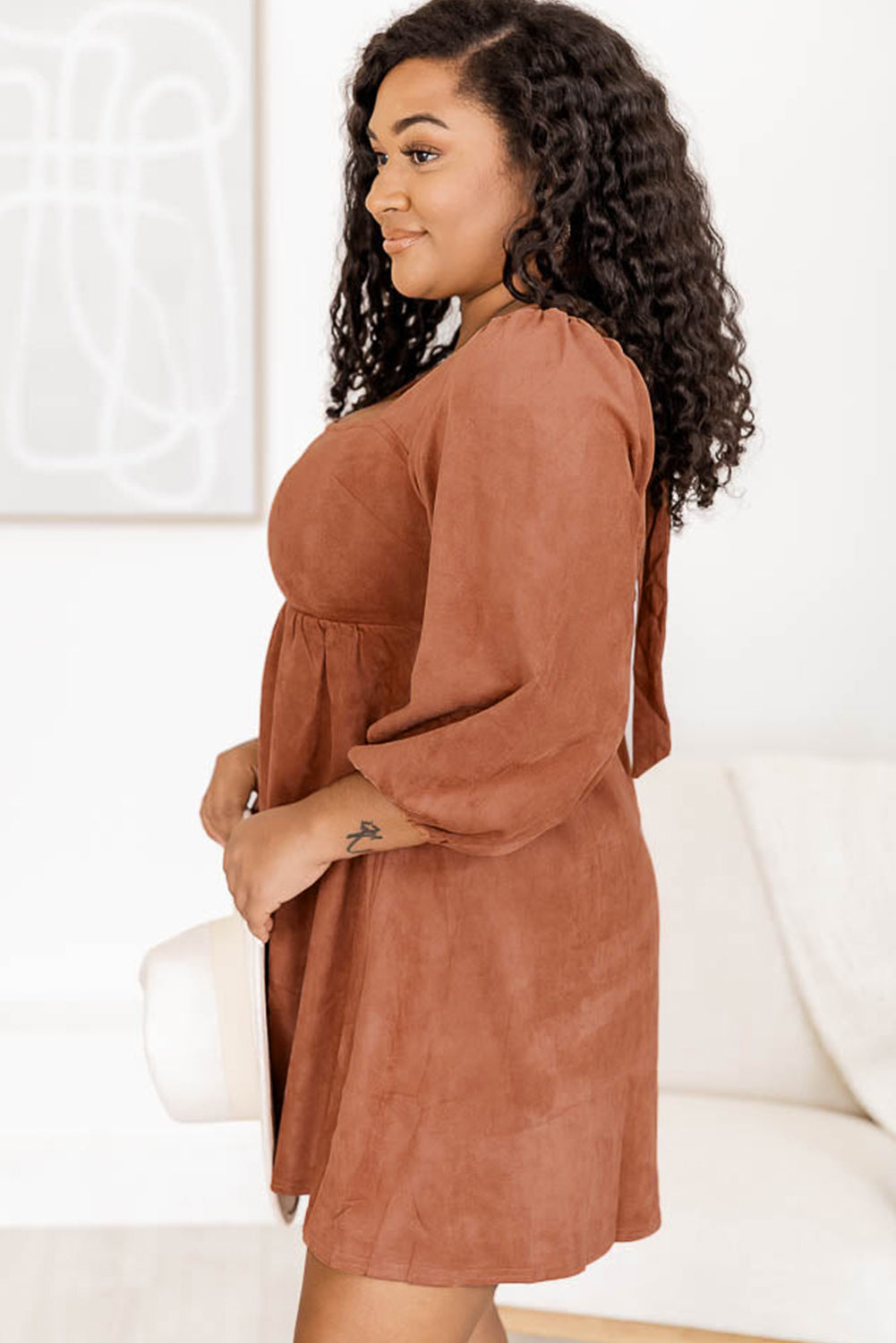 Brown Suede Square Neck Puff Sleeve Dress