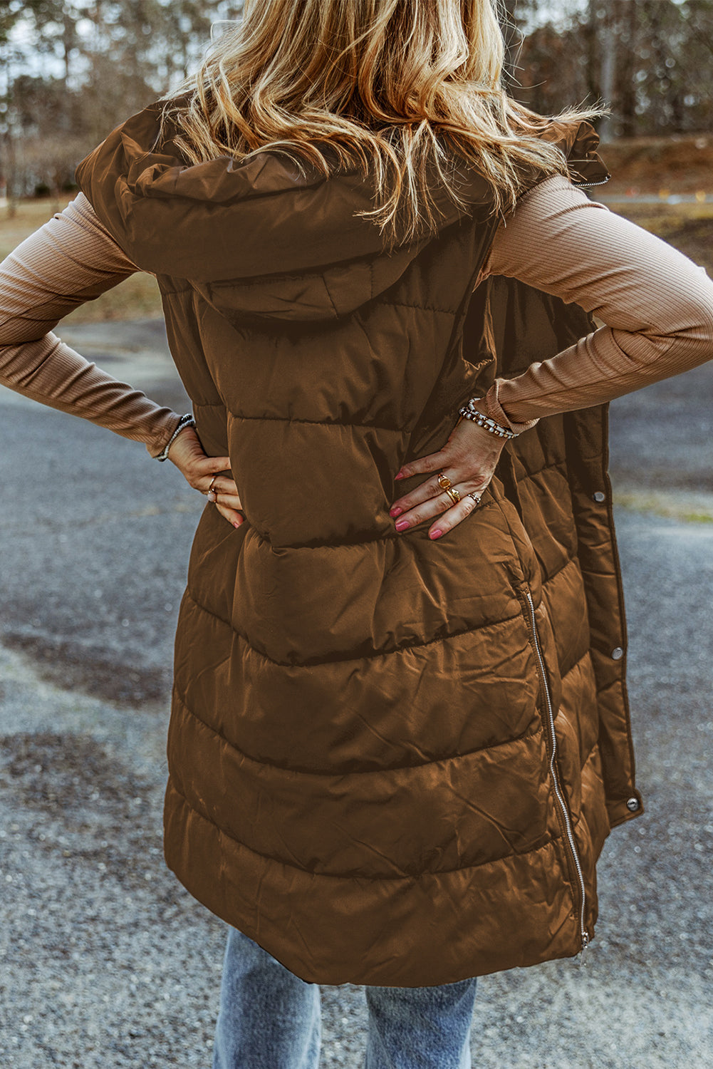 Black Hooded Long Quilted Vest Coat