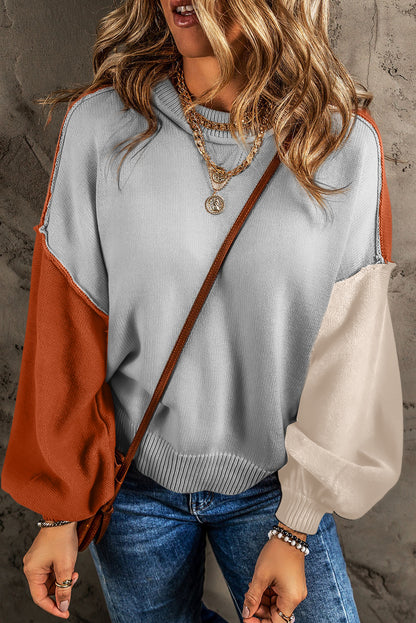 Chicory Coffee Contrast Color Exposed Seam Drop Shoulder Sweater