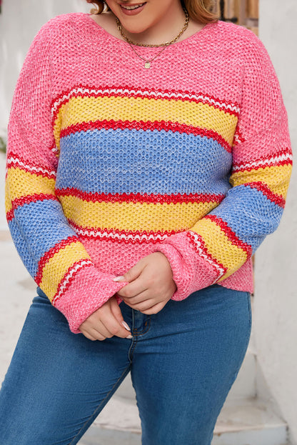 Pink Plus Size Stripe Oversized Sweater