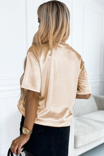 Apricot Glitter Chest Pocket Round Neck Long Sleeve Top