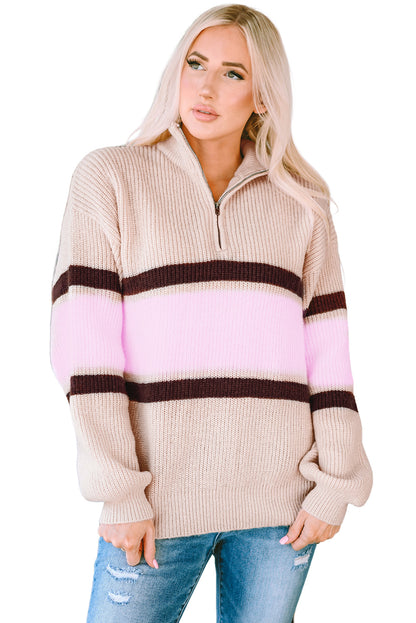 Apricot Striped Color Block Knit Zip Collared Sweater