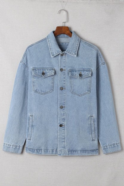 Sky Blue Acid Wash Flap Pocket Boyfriend Shacket