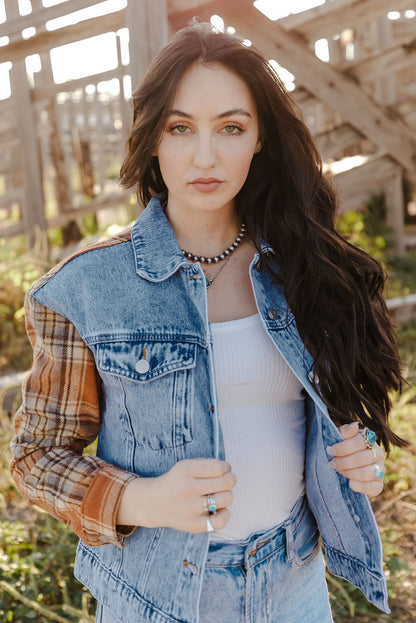 Sky Blue Medium Wash Plaid Sleeves Denim Jacket