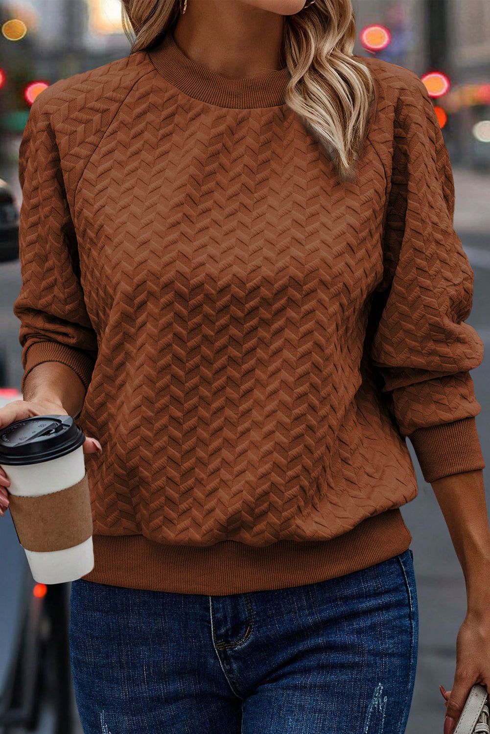 Beige Solid Textured Raglan Sleeve Pullover Sweatshirt