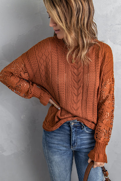 Apricot Crochet Lace Pointelle Knit Sweater