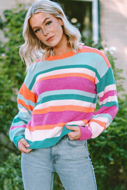 Multicolor Striped Knit Drop Shoulder Puff Sleeve Sweater