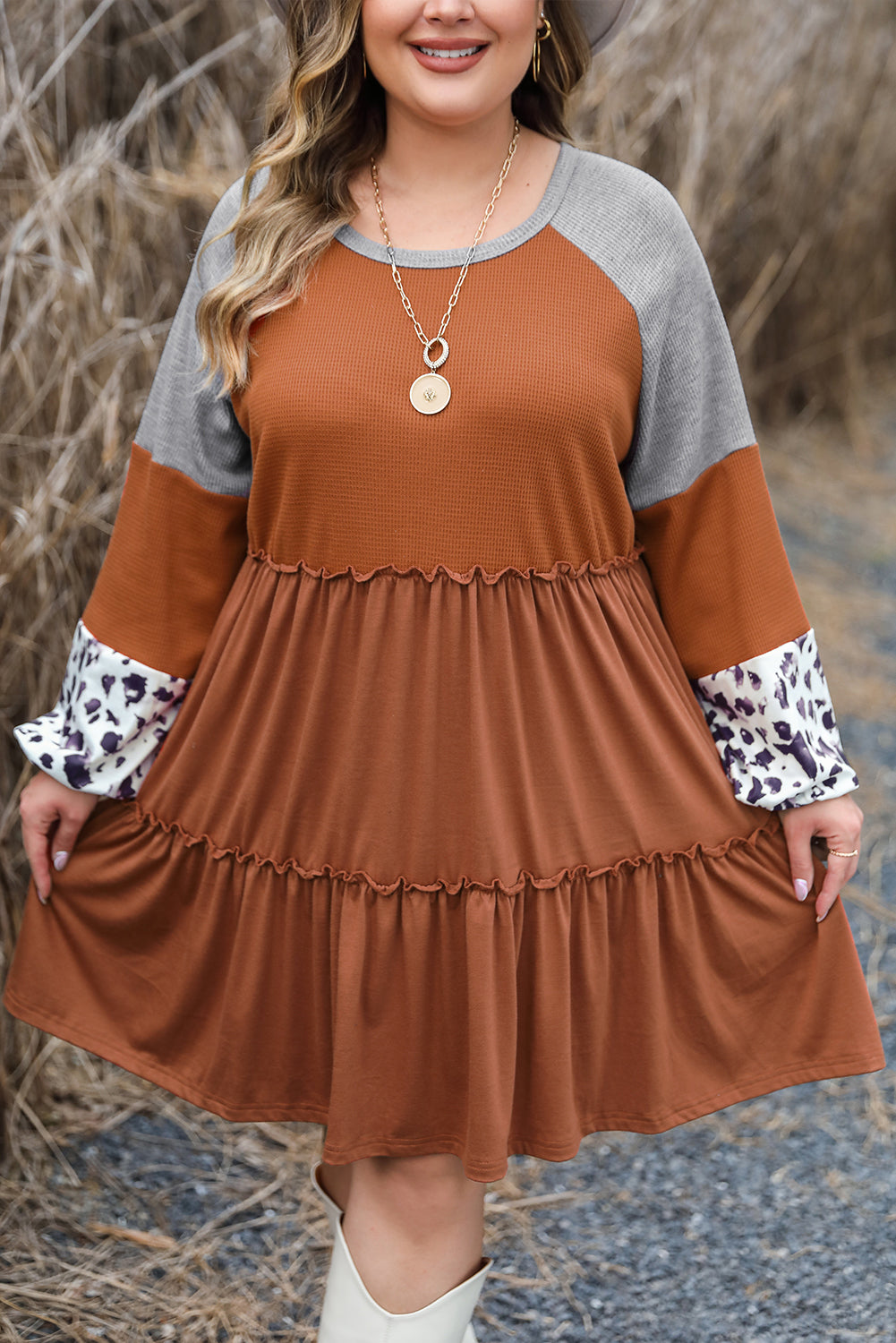 Brown Waffle Knit Leopard Patchwork Long Sleeve Dress