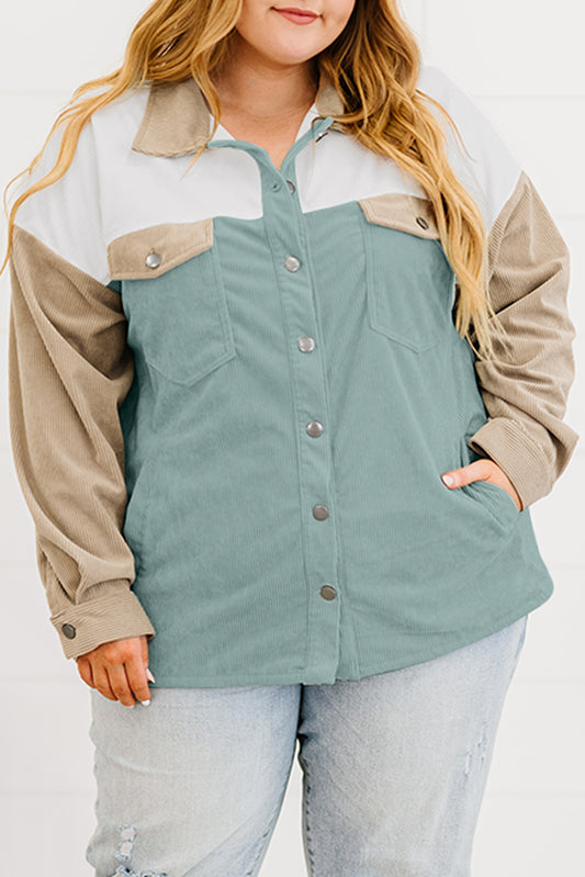 Multicolor Color Block Buttoned Pocket Corduroy Plus Size Jacket