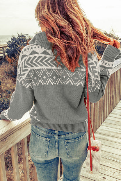 White Geometry Knit Quarter Zip Sweater