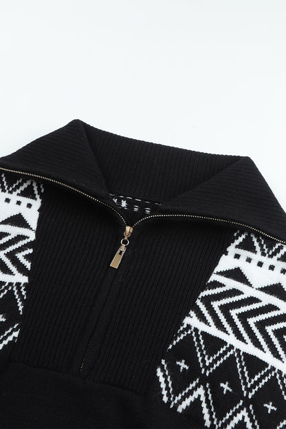 White Geometry Knit Quarter Zip Sweater