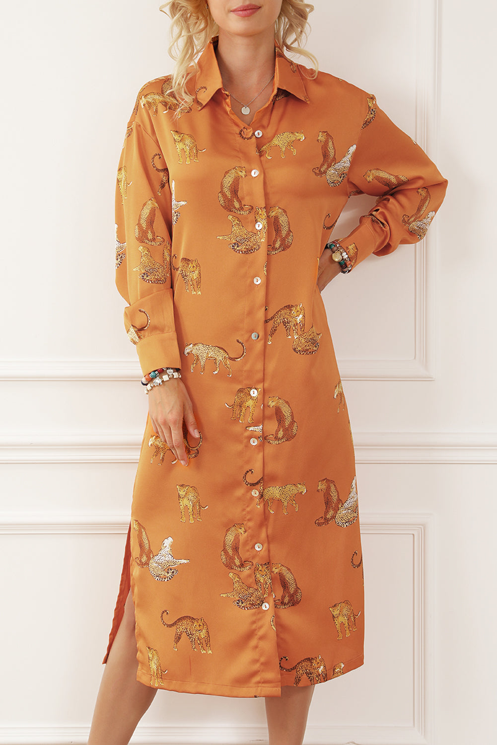 Mustard Cheetah Print Button-Up Split Shirt Dress