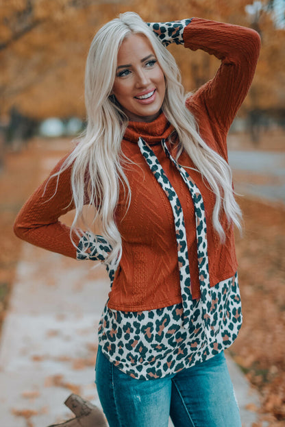 Leopard Patchwork Cowl Neck Knit Top