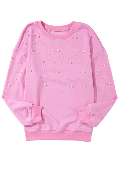 Bonbon Pearl Detail Ribbed Crew Neck Sweatshirt