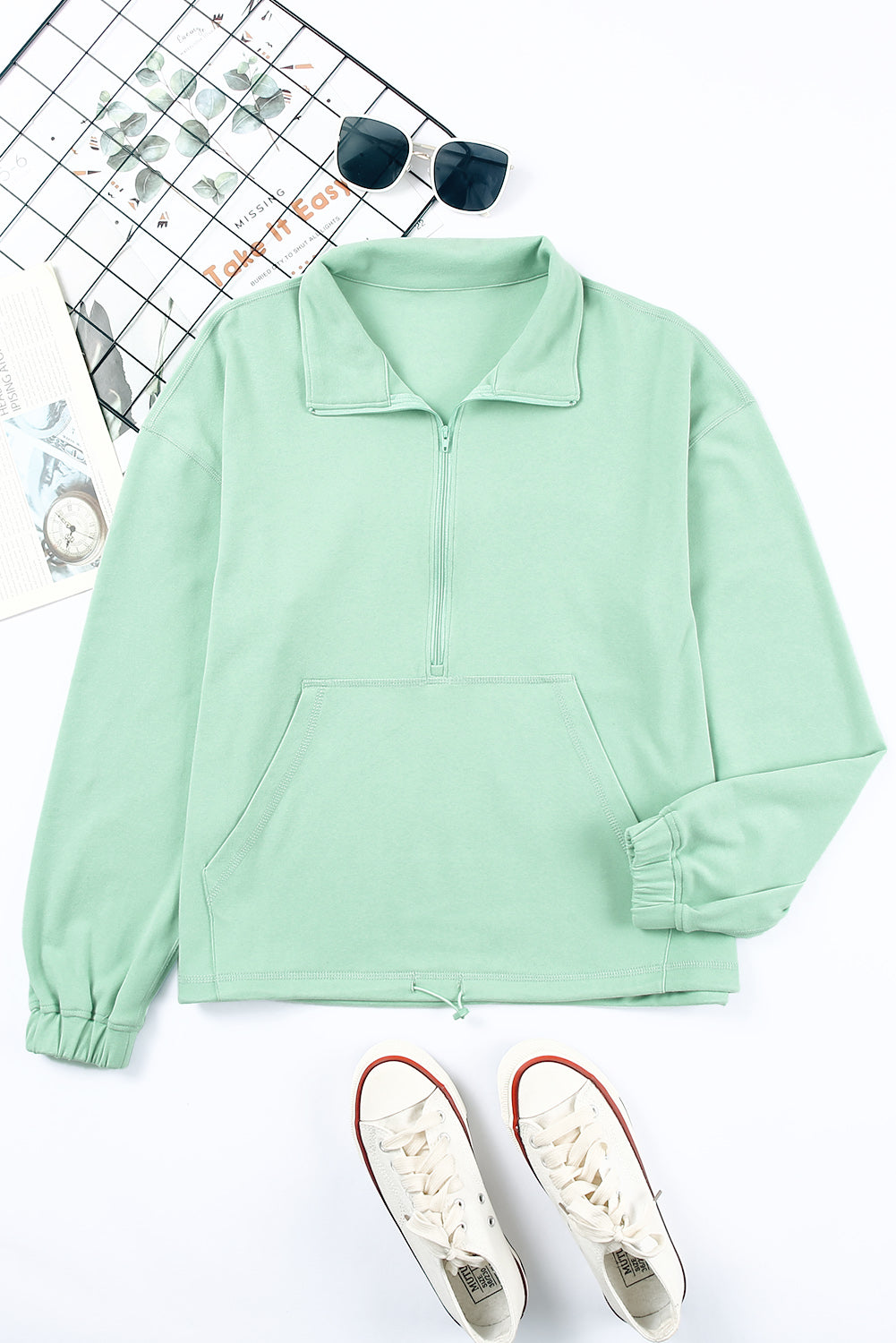 Green Zip Front Pocketed Pullover Sweatshirt