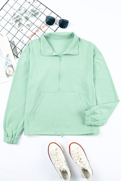 Green Zip Front Pocketed Pullover Sweatshirt