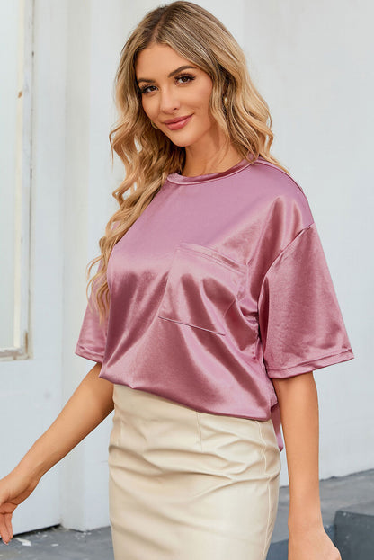 Apricot Glitter Chest Pocket Round Neck Long Sleeve Top