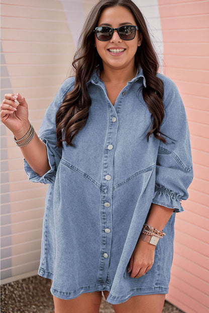 Sky Blue Buttoned Long Sleeve Denim Mini Dress