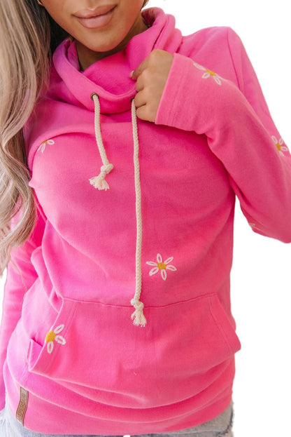 Pink Flower Embroidered Thumbhole Sleeve Cowl Neck Sweatshirt