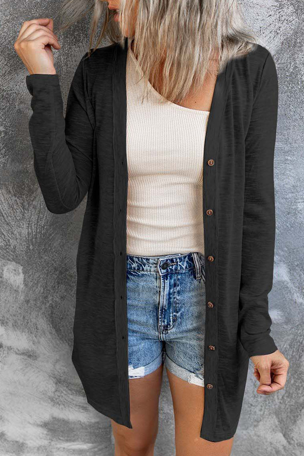 White Solid Color Open-Front Buttons Cardigan