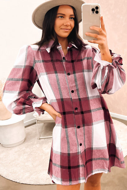 Khaki Plaid Pattern Collared Neck Ruffled Sleeve Shirt Dress