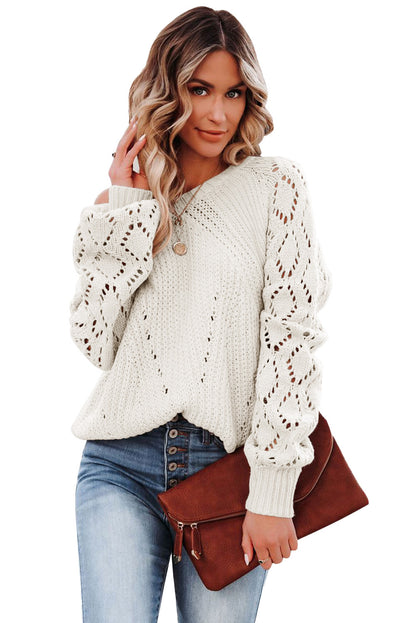 Gray Hollow-out Puffy Sleeve Knit Sweater