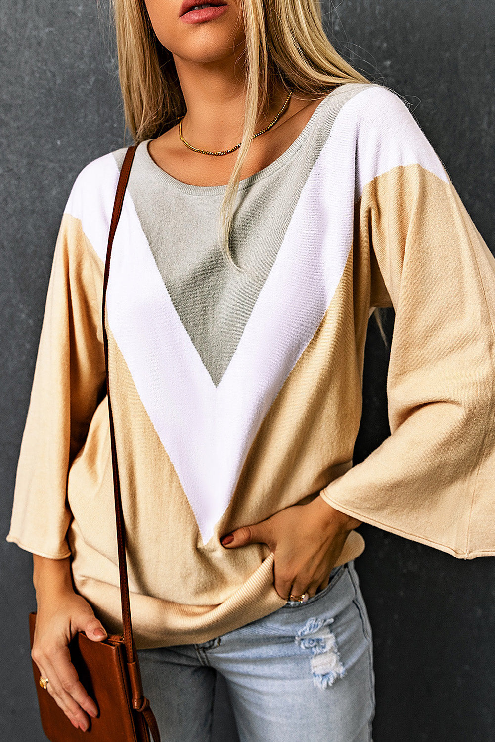 Apricot 3/4 Sleeve Chevron Color Block Sweater