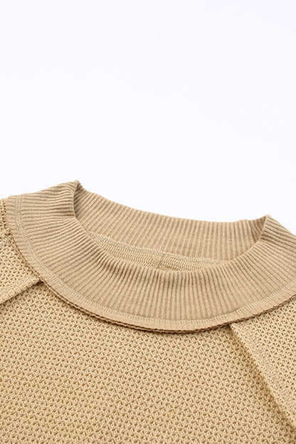 Khaki Waffle Knit Patchwork Oversized Pullover Sweatshirt