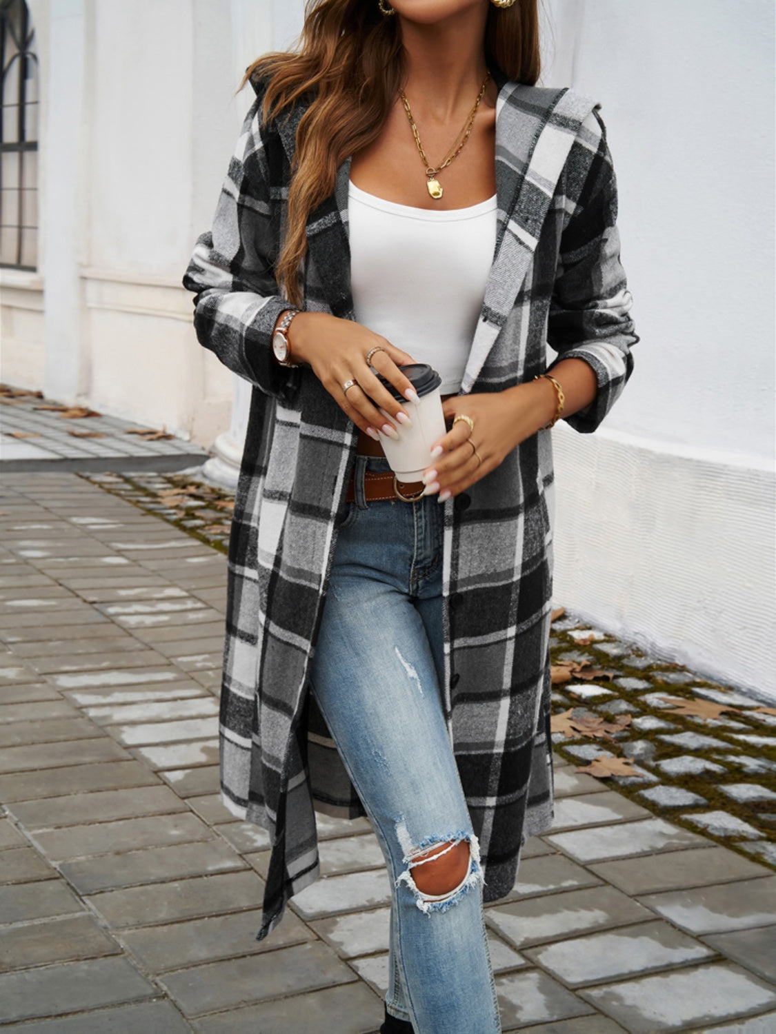 Devine Plaid Long Sleeve Hooded Coat