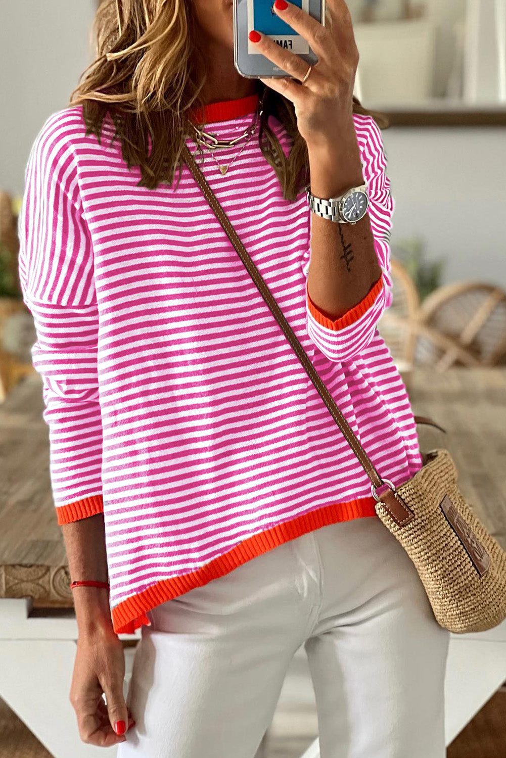 Gray Contrast Trimmed Striped Drop Shoulder Sweater