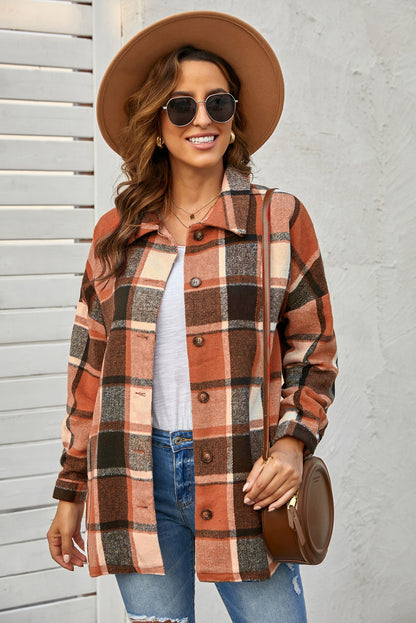 Red Plaid Print Buttoned Shirt Jacket