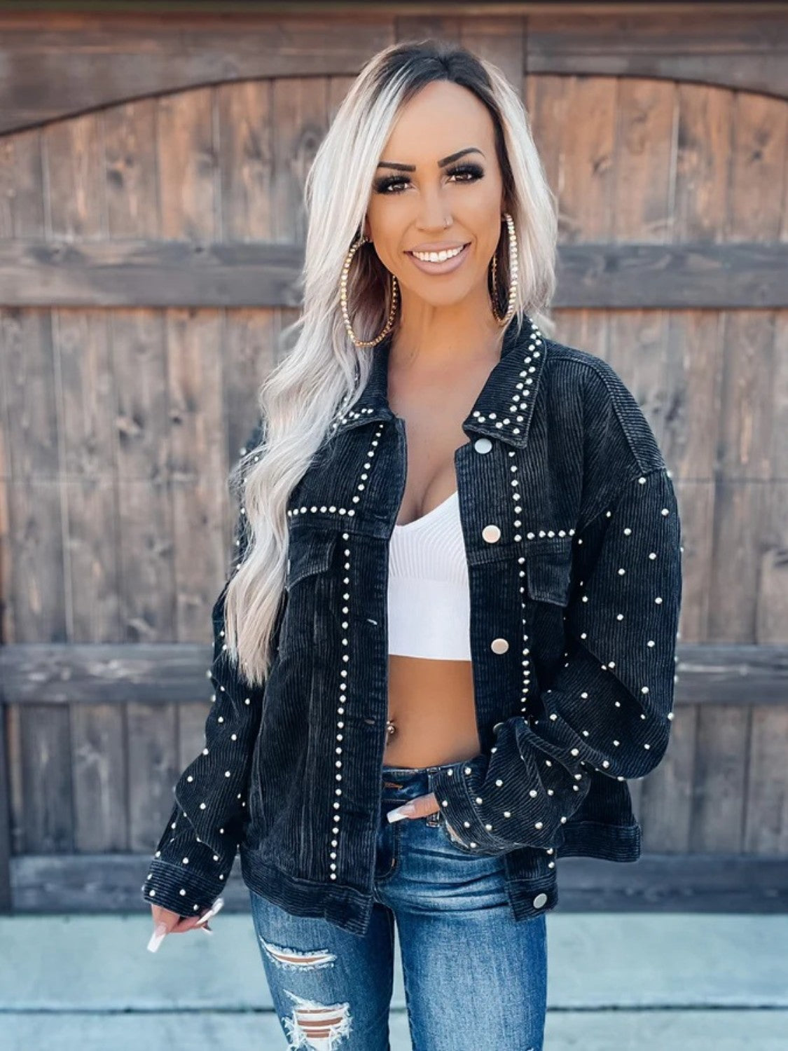 Studded Collared Neck Button Down Jacket