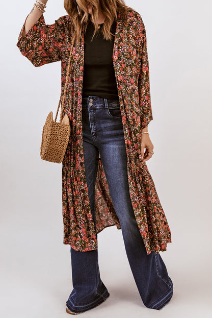 Multicolor Open Front Boho Floral Print Kimono