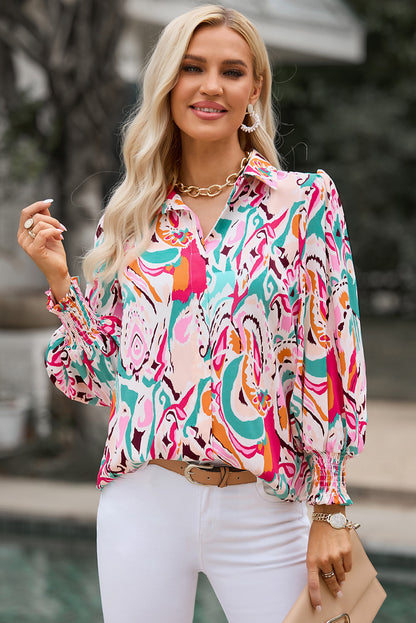 Printed Puff Sleeve Collared Blouse