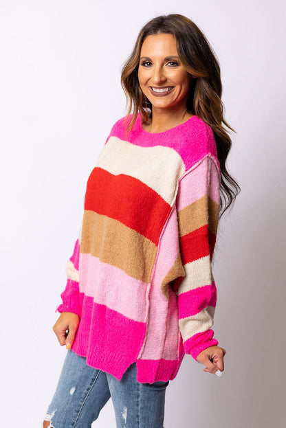 Red Mix Horizon Stripes Dolman Sleeve Sweater