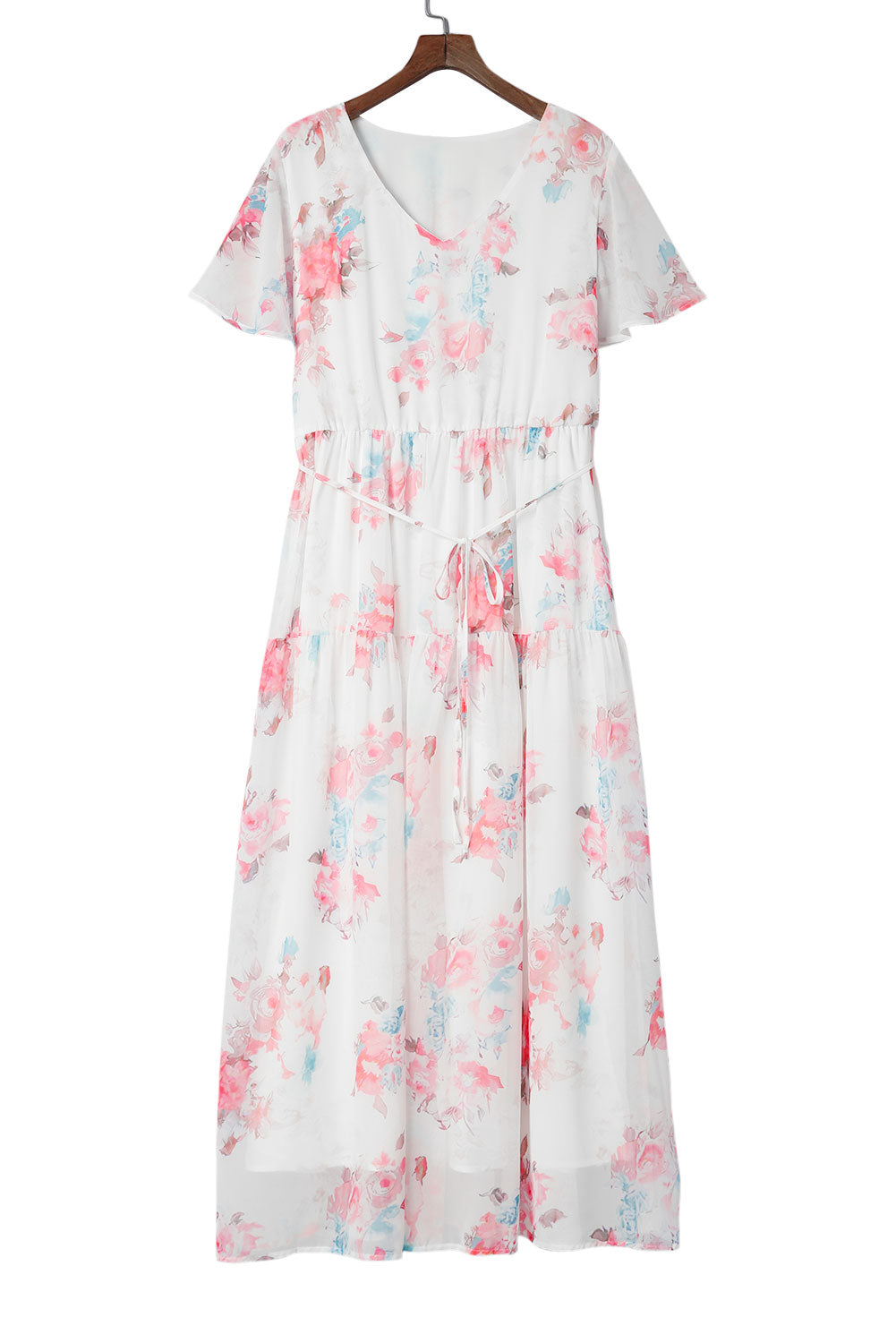 White Floral Print Lace-up High Waist Plus Size Maxi Dress