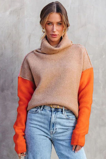 Khaki Color Block Turtle Neck Drop Shoulder Knit Sweater