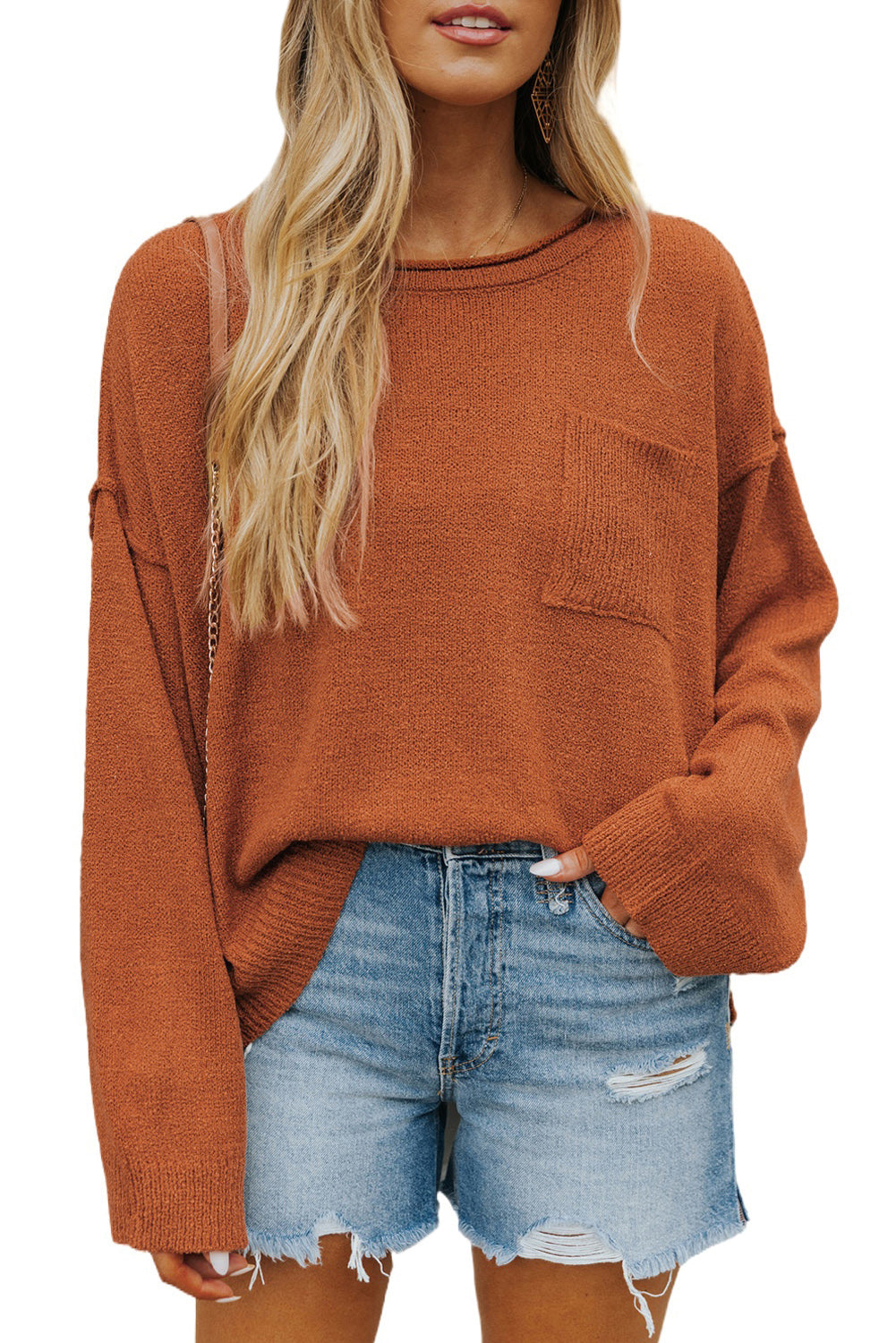 Brown Drop Shoulder Wide Sleeve Loose Sweater