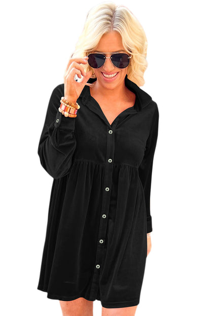 Black Long Sleeve Ruffle Velvet Button Up Dress