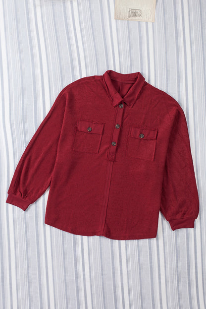 Red Polo Collar Buttoned Patchy Top with Pockets