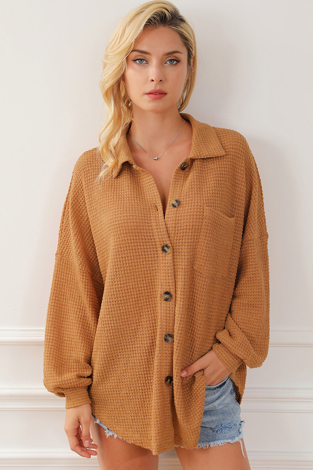 Khaki Waffle Knit Button Up Casual Shirt