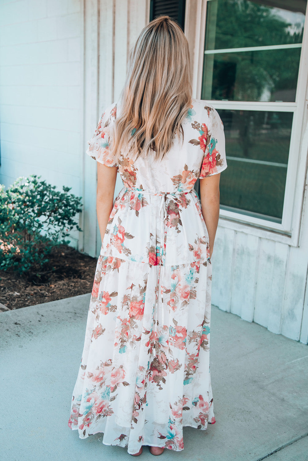 White Floral Print Lace-up High Waist Plus Size Maxi Dress