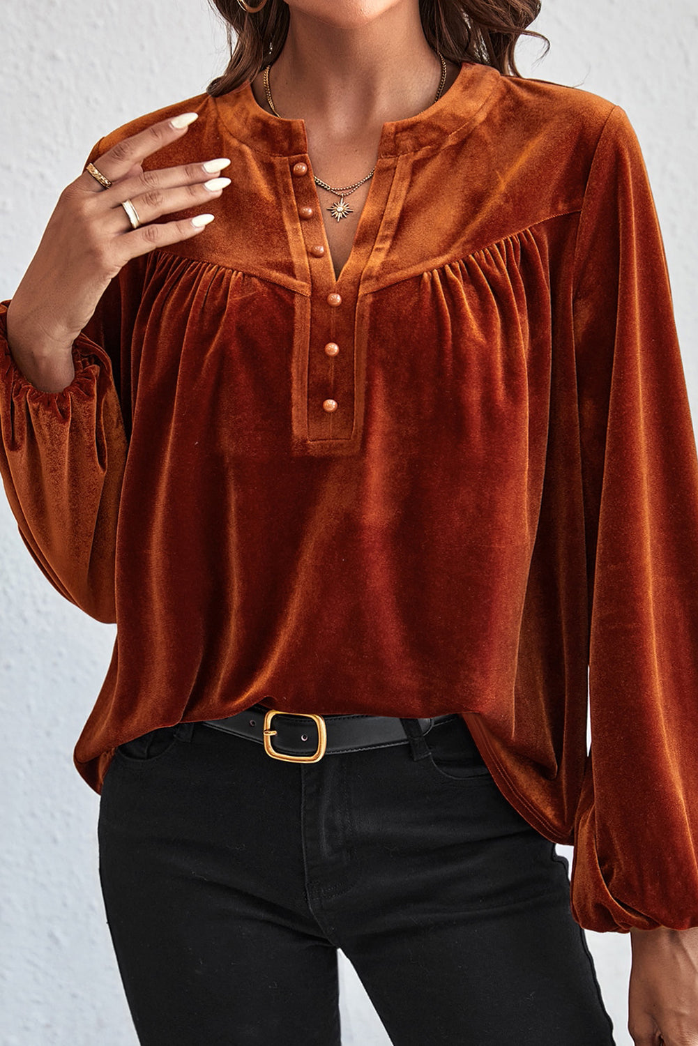 Skobeloff Lantern Sleeve Beaded Split V Neck Velvet Top