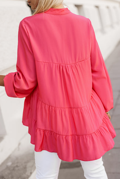 Rose Half Buttoned Ruffle Tiered Long Sleeve Blouse