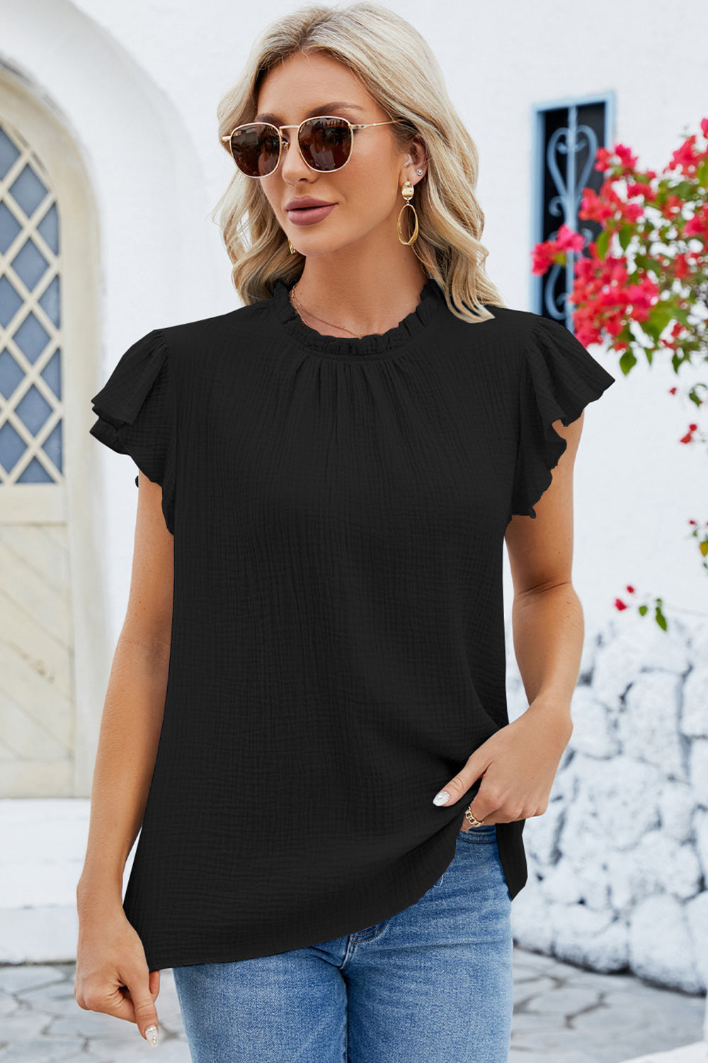 Ruffled Round Neck Cap Sleeve Blouse